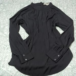 LOFT Black Blouse with Cuffed Sleeves and Mandarin Collar